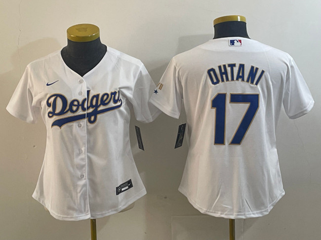 Women's Los Angeles Dodgers #17 Shohei Ohtani White/Gold Stitched Jersey(Run Small)